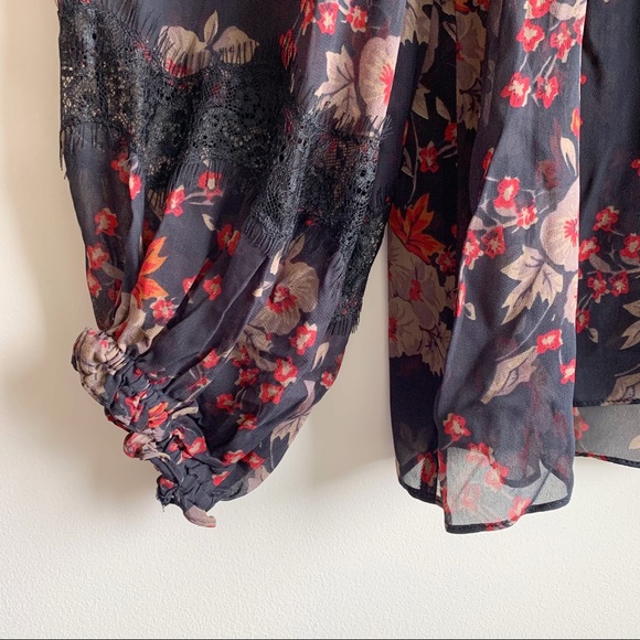 SOLD Zara | Sheer Navy Floral Blouse Lace Accents - Picture 5 of 8